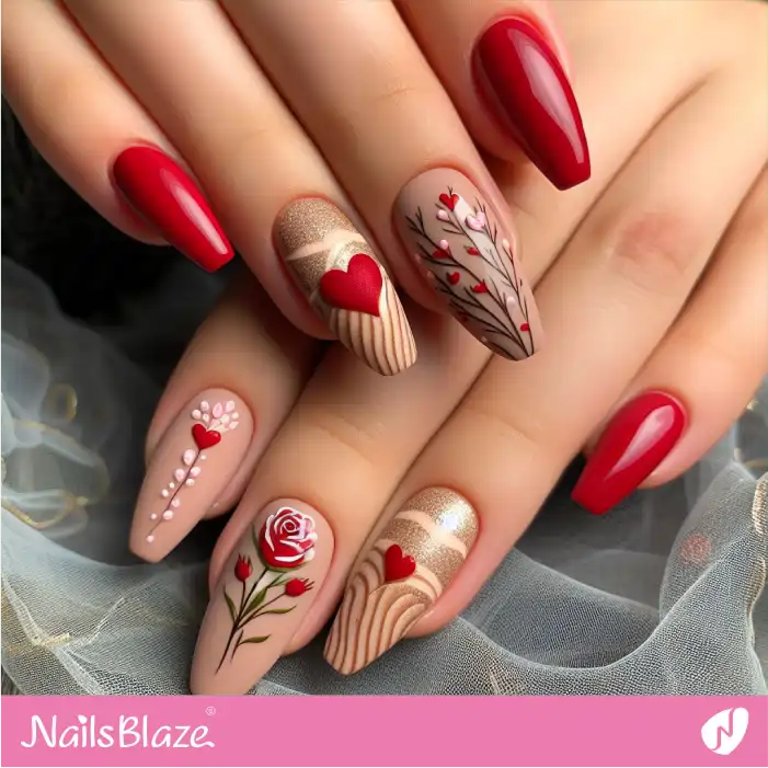 Sand Dune Effect Hearts and Roses Nails | Valentine Nails - NB2799